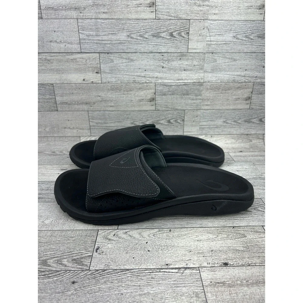 Olukai Nalu Slide Black Adjustable Strap Sandals 10332-4040 Men Sz 10